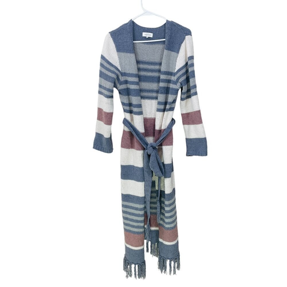 ACOA Size S Striped Chenille Duster Long Cardigan Wrap Fringe Sweater Boho Ivory